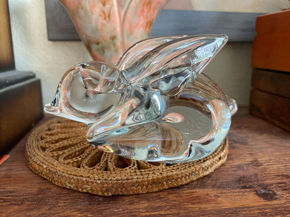 VINTAGE Solid ART Glass Italy Bunny Rabbit Figurine Clear Glass Paper Weight